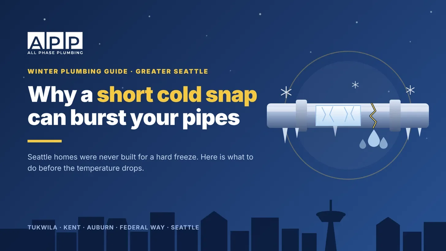 Illustration of a frozen pipe cracking above the Seattle skyline: why a short cold snap can burst your pipes