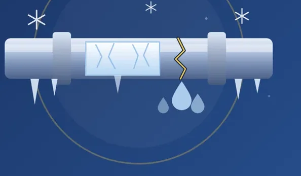 Illustration of a frozen pipe cracking above the Seattle skyline